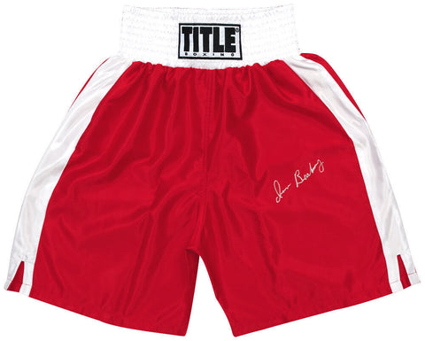Iran Barkley Signed Title Red With White Trim Boxing Trunks - (SCHWARTZ COA)