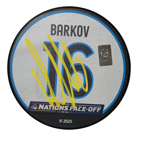Aleksander Barkov Autographed Finland 4 Nations Face Off Puck Beckett