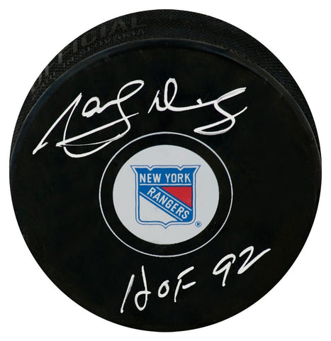Marcel Dionne Signed New York Rangers Logo Hockey Puck w/HOF'92 - (SCHWARTZ COA)