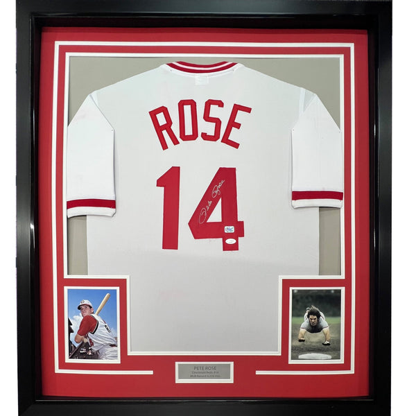 Framed Autographed/Signed Pete Rose 35x39 Cincinnati White Jersey JSA COA