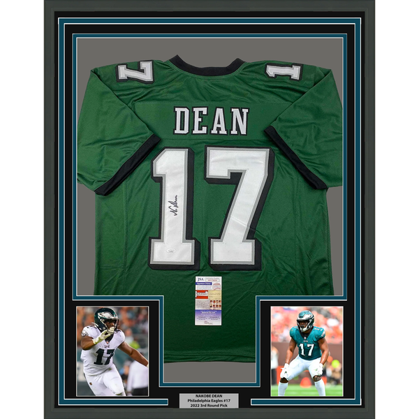 Framed Autographed/Signed Nakobe Dean 33x42 Philadelphia Green Jersey JSA COA