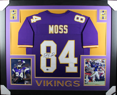 Randy Moss Autographed/Signed Pro Style Framed Purple XL Jersey Beckett 37000