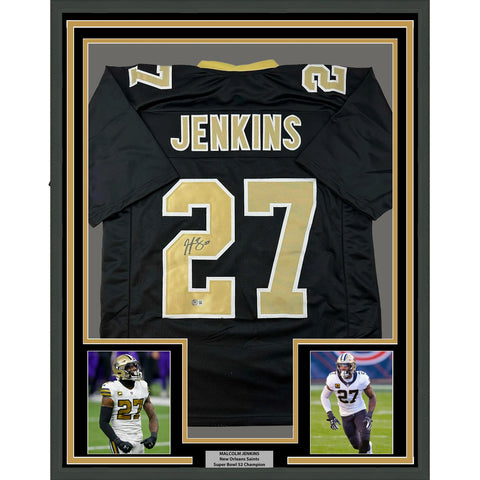 Framed Autographed/Signed Malcolm Jenkins 33x42 Black Football Jersey BAS COA