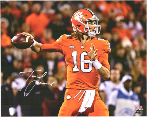 Trevor Lawrence Clemson Tigers Signed 16x20 Orange Jersey Throwing Photograph