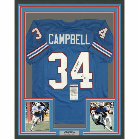 FRAMED Autographed/Signed EARL CAMPBELL HOF 91 33x42 Houston Blue Jersey JSA COA