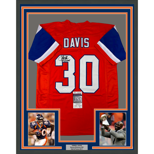 Framed Autographed/Signed Terrell Davis 33x42 SB XXXII MVP Orange Jersey JSA COA