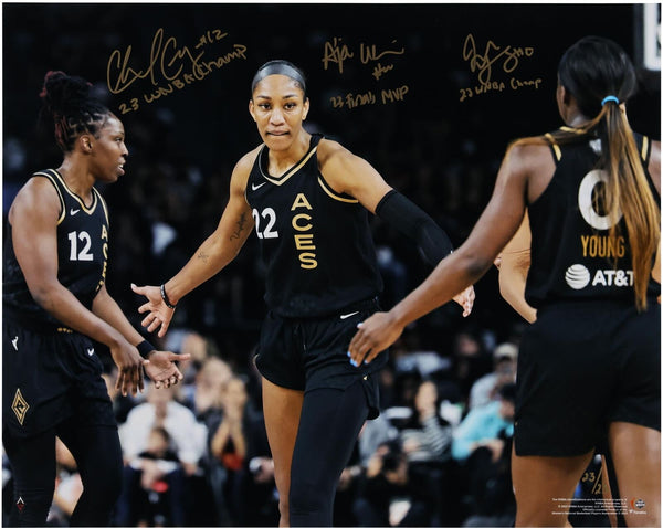 Wilson, Gray & Young Aces WNBA Finals Champ Signed 16x20 Photo w/Inscs-23/LE 23