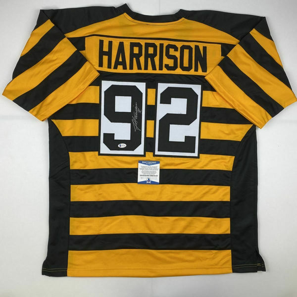 Autographed/Signed JAMES HARRISON Pittsburgh Bumble Bee Football Jersey BAS COA