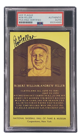 Bob Feller Signed 4x6 Cleveland Hall Of Fame Plaque Card PSA/DNA 85054865