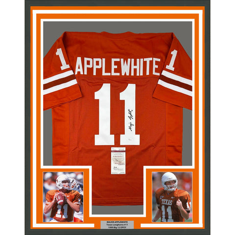 Framed Autographed/Signed Major Applewhite 33x42 Texas Orange Jersey JSA COA