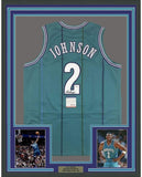 FRAMED Autographed/Signed LARRY JOHNSON 35x39 Charlotte Teal Jersey PSA COA