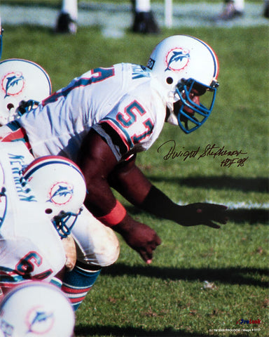 Dwight Stephenson Signed Dolphins White Jersey Action 16x20 Photo w/HOF (SS COA)
