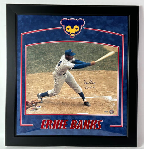 Ernie Banks Autographed 'HOF 77' 16x20 Photo - Deluxe (28x30) Frame PSA/DNA COA