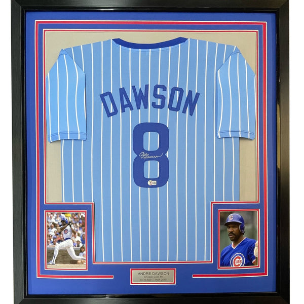 Framed Signed Andre Dawson 35x39 Chicago Pinstripe Blue Jersey JSA COA