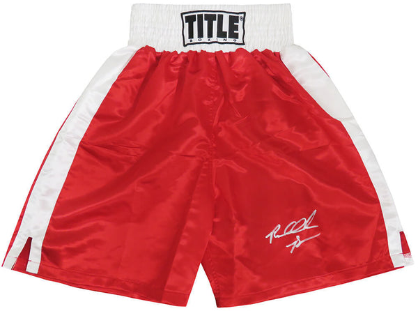 Riddick Bowe Signed Title Red & White Trim Boxing Trunks - (SCHWARTZ COA)