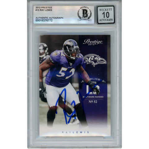 Ray Lewis Autographed 2012 Panini Prestige #13 Trading Card Beckett 52997
