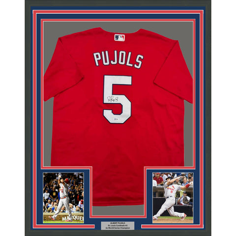 Framed Autographed/Signed Albert Pujols 35x39 St. Louis Red Jersey Beckett COA