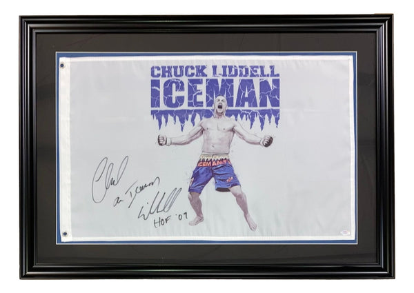 Chuck Liddell Signed Framed 18x30 UFC Flag Iceman HOF 09 Inscribed PSA/DNA