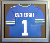 SEAHAWKS PETE CARROLL AUTOGRAPHED SIGNED FRAMED BLUE JERSEY BECKETT 158390