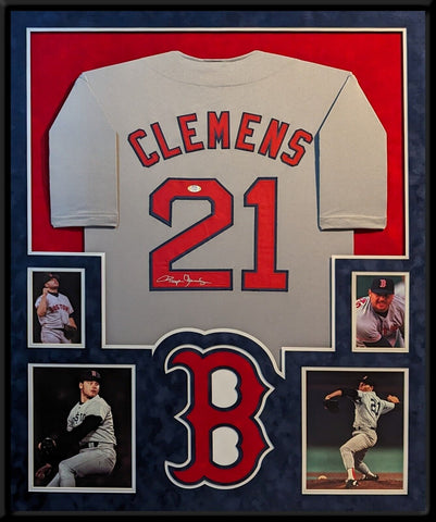 FRAMED SUEDE ROGER CLEMENS AUTOGRAPHED SIGNED BOSTON RED SOX JERSEY PSA COA