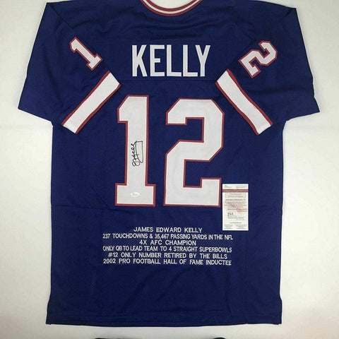 Autographed/Signed Jim Kelly Buffalo Blue Stat Football Jersey JSA COA
