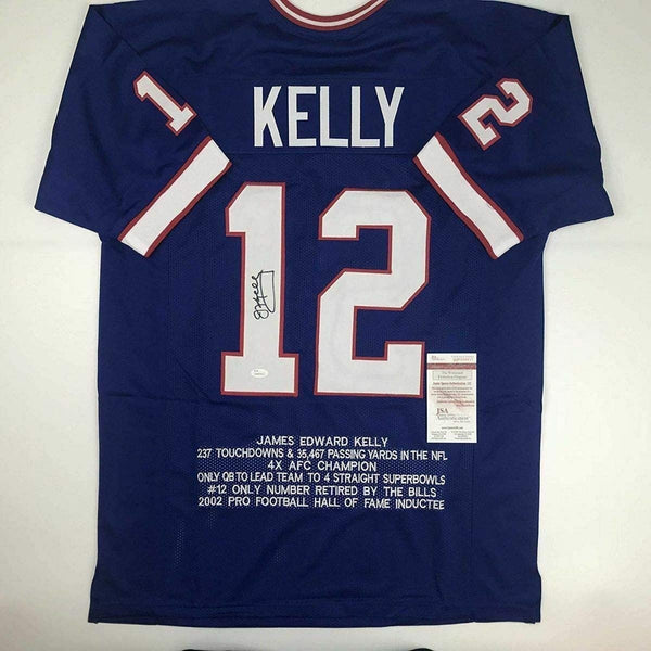 Autographed/Signed Jim Kelly Buffalo Blue Stat Football Jersey JSA COA
