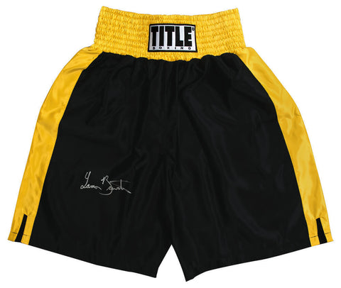 Lamon Brewster Signed Title Black With Gold Trim Boxing Trunks - (SCHWARTZ COA)