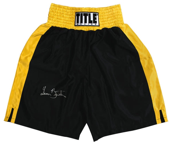 Lamon Brewster Signed Title Black With Gold Trim Boxing Trunks - (SCHWARTZ COA)