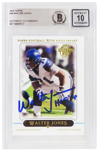 Walter Jones Signed Seahawks 2005 Topps Card #46 w/HOF 14 - (Beckett - Auto 10)