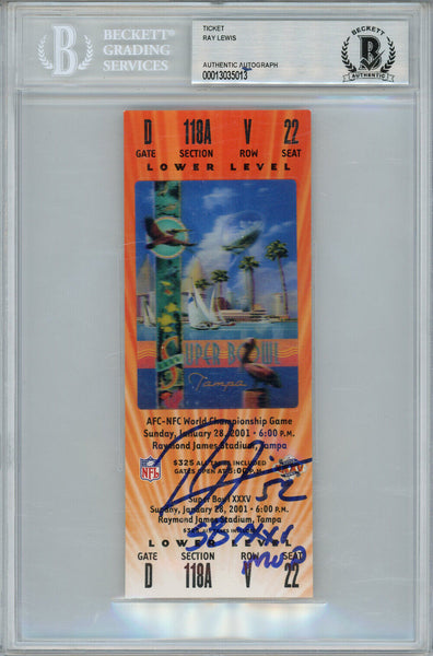 Ray Lewis Autographed Super Bowl XXXV Ticket SB MVP Beckett Slab 14734