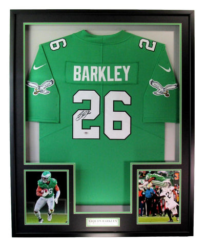 Saquon Barkley Signed/Auto Eagles Kelly Football Jersey Framed PSA/DNA 199501