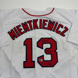 Autographed/Signed Doug Mientkiewicz Final Out! Boston White Jersey Beckett COA