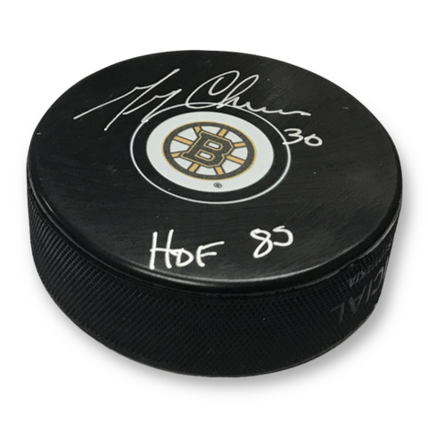 Gerry Cheevers Signed Autographed Bruins Hockey Puck w/ HOF 85 Inscription NEP