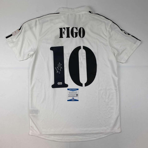 Autographed/Signed Luis Figo Real Madrid White Soccer Jersey Beckett BAS COA