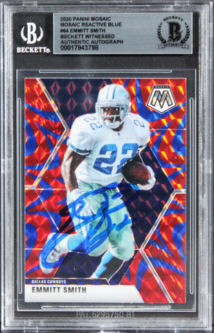 Cowboys Emmitt Smith Signed 2020 Panini Mosaic React Blue #84 Card BAS Slabbed