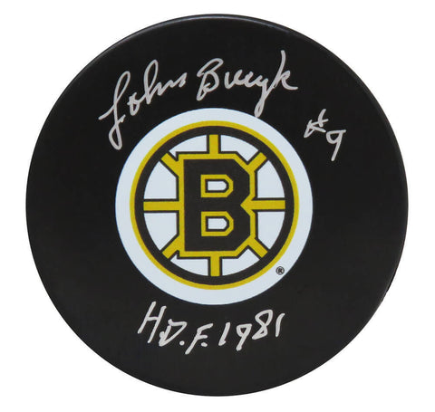 Johnny Bucyk Signed Bruins Logo Hockey Puck w/HOF 1981- SCHWARTZ COA