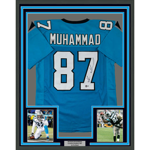 Framed Autographed/Signed Muhsin Muhammad 33x42 Carolina Blue Jersey BAS COA