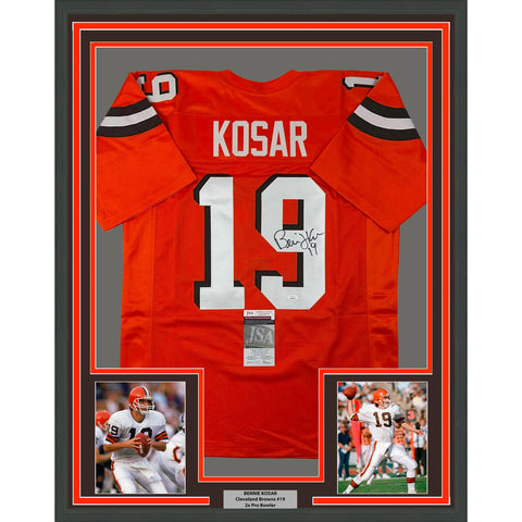 Framed Autographed/Signed Bernie Kosar 35x39 Cleveland Orange Football Jersey JS