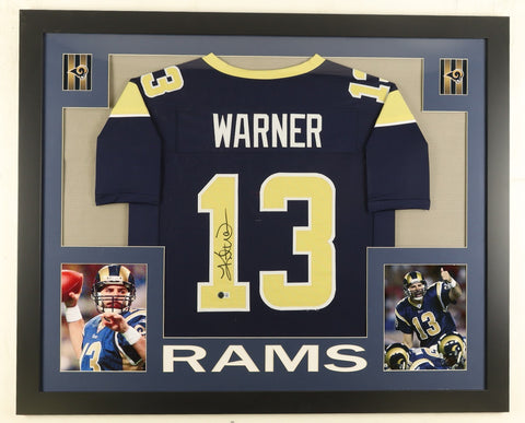 Kurt Warner Signed St Louis Rams 35"x 43" Framed Jersey (Beckett) S.B. XXXIV MVP