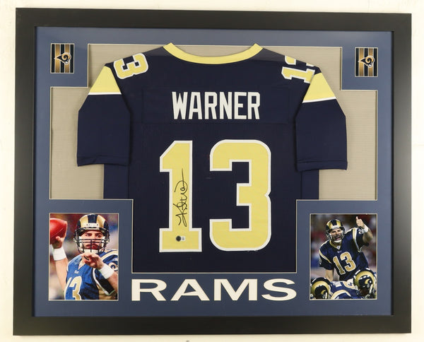 Kurt Warner Signed St Louis Rams 35"x 43" Framed Jersey (Beckett) S.B. XXXIV MVP
