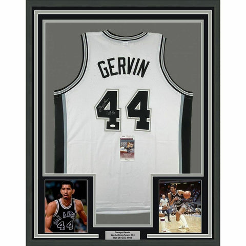 FRAMED Autographed/Signed GEORGE GERVIN 33x42 HOF 96 White Jersey JSA COA