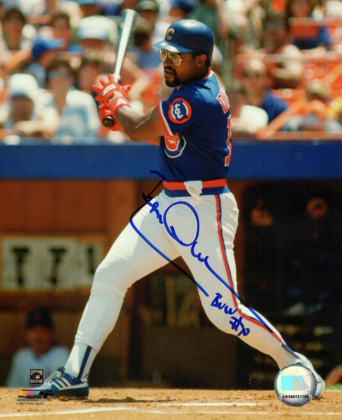 Leon Durham Signed Cubs Blue Jersey Swinging Action 8x10 Photo w/Bull - (SS COA)