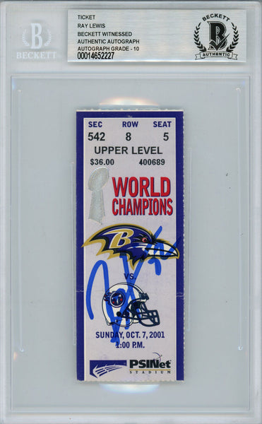 Ray Lewis Autographed/Signed 10/7/2001 vs Titans Ticket Beckett Slab 39170