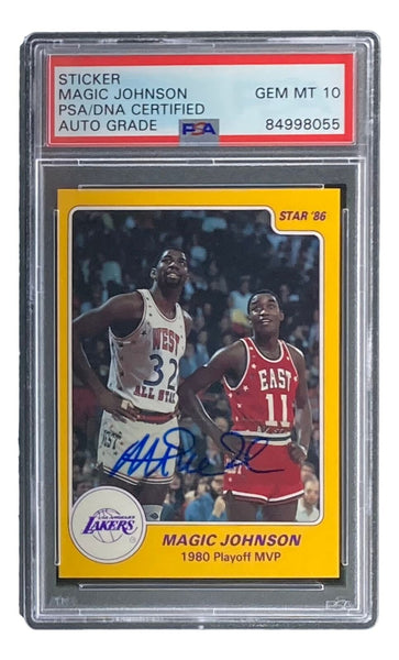 Magic Johnson Signed LA Lakers 1986 Star #9 Trading Card PSA/DNA Gem M Super Sports Center Magic Johnson Signed LA Lakers 1986 Star #9 Trading Card PSA/DNA Gem M Super Sports Center