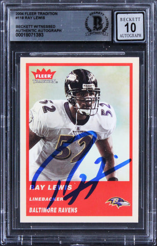 Ravens Ray Lewis Signed 2004 Fleer Tradition #118 Card Auto Mint 10! BAS Slabbed