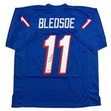 Autographed/Signed Drew Bledsoe New England Blue Football Jersey Beckett BAS COA