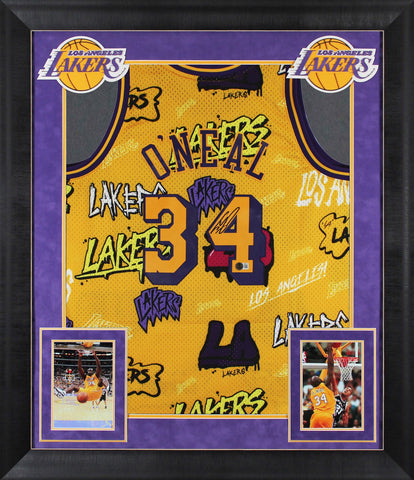 Lakers Shaquille O'Neal Signed Alt Yellow M&N HWC Swingman Framed Jersey BAS Wit