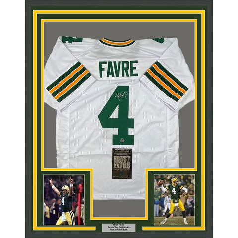 Framed Autographed/Signed Brett Favre 33x42 GB White Jersey Favre Hologram COA