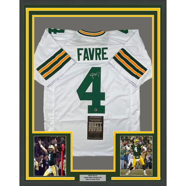 Framed Autographed/Signed Brett Favre 33x42 GB White Jersey Favre Hologram COA