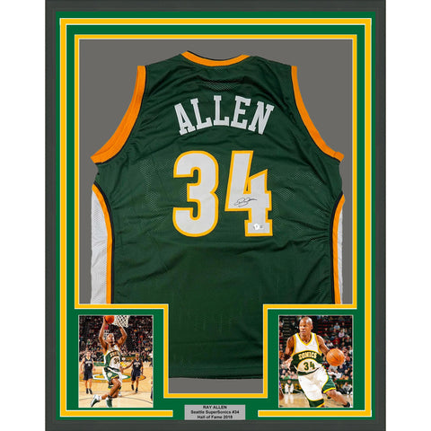 Framed Autographed/Signed Ray Allen 33x42 Seattle Green Jersey Beckett BAS COA